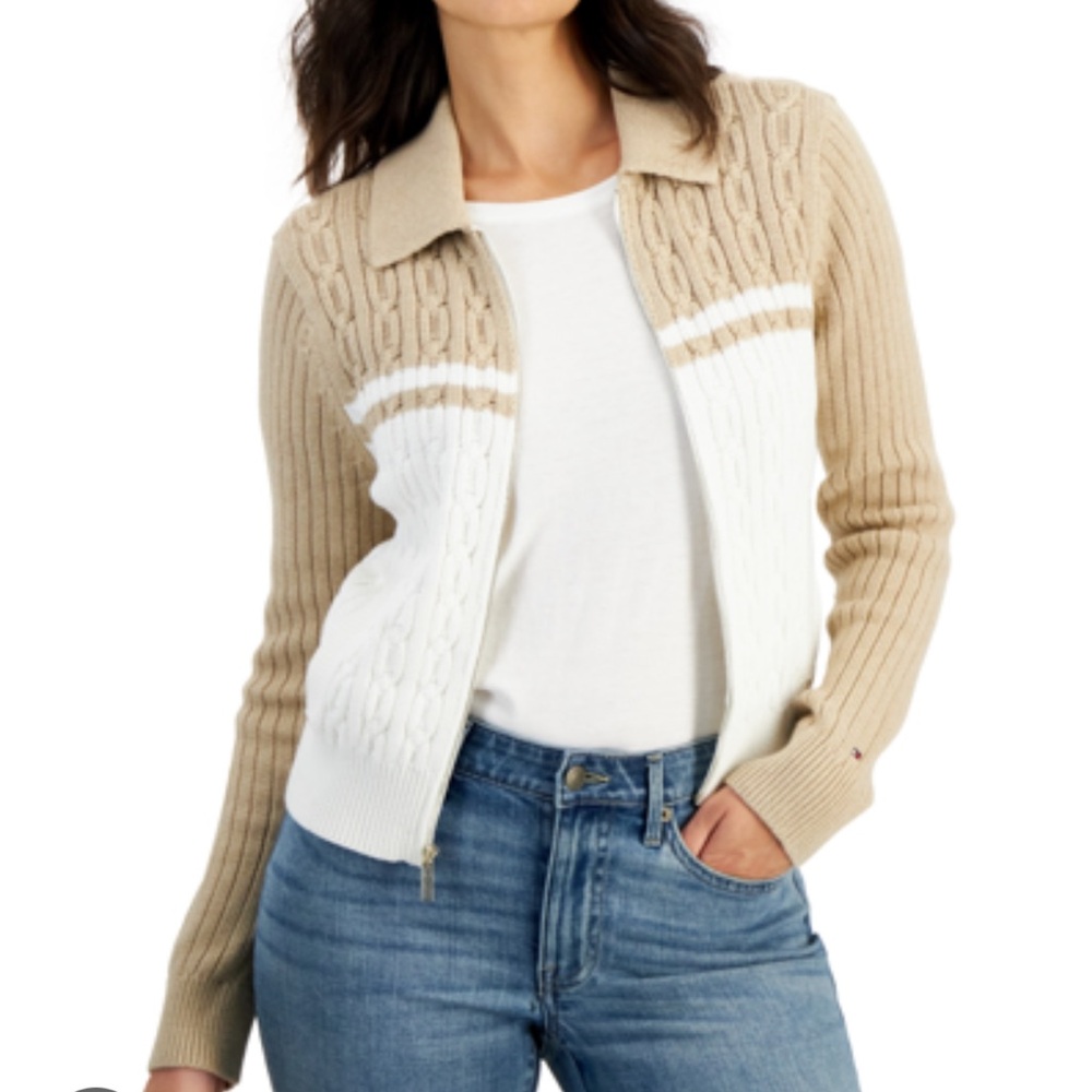 Tommy Hilfiger Full-Zip Cable Knit Sweater Jacket XXL Khaki White
